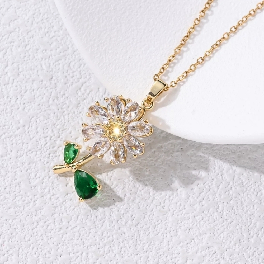 Gold White Flower & Green Leaf Pendant Necklace